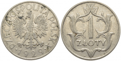 ПОЛЬША 1 ЗЛОТЫЙ 1929 w KM 14 никель 4448-247