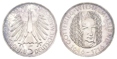 ФРГ 5 марок 1966 D, 250 лет со дня смерти Готфрида Вильгельма Лейбница KM 119, J. 394 серебро PROOF 413-5011