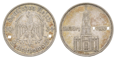 Германия 2 рейхсмарки 1934 A, 1 год нацистскому режиму, Гарнизонная церковь в Потсдаме KM 81 серебро 1528-131