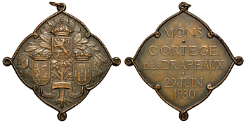 Бельгия плакетка 1930 город Монс 29 июня 1930 года 91,47 гр. размеры 80Х80 мм бронза 1069-8-32