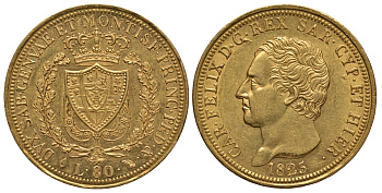 Сардиния 80 лир 1825 l, Карл Феликс (1821-1831) KM 108.1 золото aUNC 00-000-00