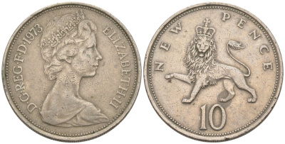 Великобритания 10 пенсов 1973 Елизавета II (1952-2022) KM 912, Spink 4231 (F1) медно-никель 81-126