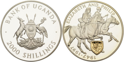Уганда 2000 шиллингов 1997 50 лет (золотая) свадьба Елизаветы и Филиппа, позолота KM 63a серебро PROOF 11-322-13