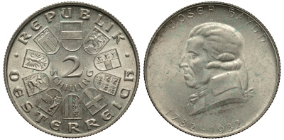 Австрия 2 шиллинга 1932 200 лет со дня рождения Йозефа Гайдна KM 2848 серебро 413-3032
