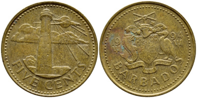 Барбадос 5 центов 1994 маяк Саут-Пойнт KM 11 латунь 4398-546