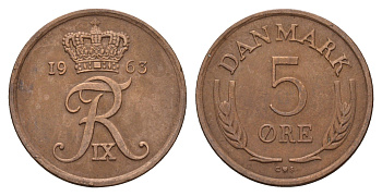 Дания 5 эре 1963 C; S, Фредерик IX (1947-1972) KM 848.1 бронза 3459-913
