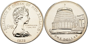 Новая Зеландия 1 доллар 1978 25 лет коронации Елизаветы II и открытие здания Парламента, Елизавета II (1952-2022) KM 47 медно-никель UNC 4552-1133