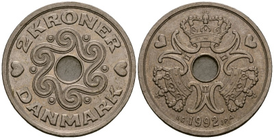 Дания 2 кроны 1992 Маргрете II (1973 - 1988) KM 874 медно-никель 4176-537