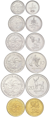 Грузия годовой набор из 6 монет (1, 2, 5, 10, 20 И 50 тетри) 1993 KM 76, 77, 78, 79, 80 и 81 никель сталь и латунь UNC 4612-931-933