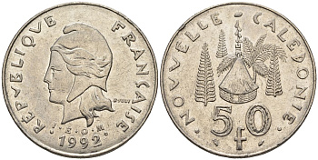 Французская Новая Каледония 50 франков 1992 хижина среди сосен и пальм, (IEOM) KM 13, Schoen 15, Lec 121 никель 4123-315