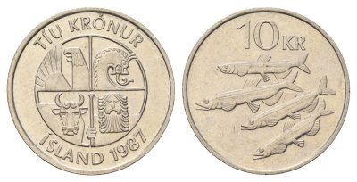 Исландия 10 крон 1987 рыбы KM 29.1 медно-никель 4691-236