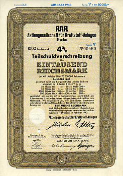 Германия 1000 рейхсмарок 1943 АО топливных заводов, Дрезден, также известное как AKA, 4%частичное обязательство, серия V, облигация   бумага   8802-56-1