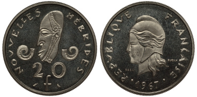 Французские Новые Гебриды 20 франков 1967 пробный выпуск, ESSAI KM E3 никель 272-114