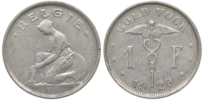 Бельгия 1 франк 1929 Belgie KM 90 никель 51-1822