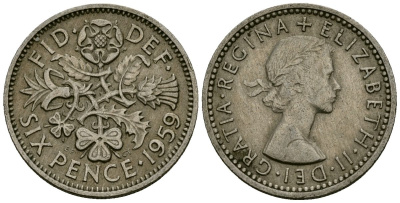 Великобритания 6 пенсов 1959 Елизавета II (1952-2022) KM 903, Spink 4149 медно-никель 4174-215