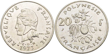 Французская Полинезия 20 франков 1973 KM 9 никель 4403-115