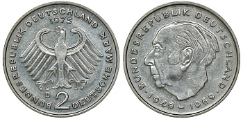 ФРГ 2 марки 1975 D, Теодор Хойс KM 127, J. 407 медно-никель плакированный никелем UNC 4681-951
