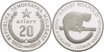 Мадагаскар 20 ариари 1988 серия 25 лет защиты окружающей среды KM 15 серебро PROOF 01-147-15