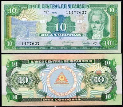 Никарагуа 10 кордоба 1990 Мигель Ларрейнага Pick 175 (2) бумага UNC (пресс) 447-92-3