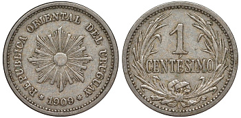 Уругвай 1 сентесимо 1909 KM 19 медно-никель 4169-624