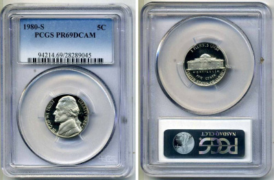 США 5 центов 1980 S, президент Джеферсон, в слабе PCGS PR69CAM KM А192 медно-никель PROOF 15-003-02
