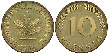 ФРГ 10 пфеннигов 1968 G J 383, KM 108 сталь плакированная латунью  PROOF  1099-4-24