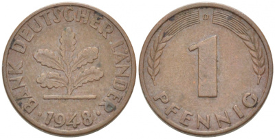 ФРГ 1 ПФЕННИГ 1948 D KM А101, J.376 сталь плакированная медью 3955-468