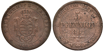 Саксония 5 пфеннигов 1867 B, Иоганн (1854-1873) KM 1218 медь 4681-1242