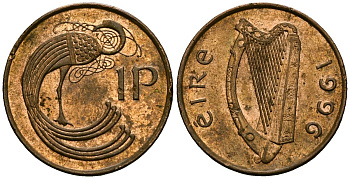 Ирландия 1 пенни 1996 мифологическая птица лира KM 20a сталь плакированная медью 4138-857