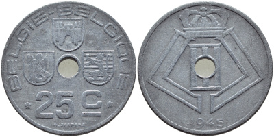 БЕЛЬГИЯ 25 САНТИМОВ 1945 НЕМЕЦКАЯ ОККУПАЦИЯ BELGIE BELGIQUE KM 132 цинк 86-1656
