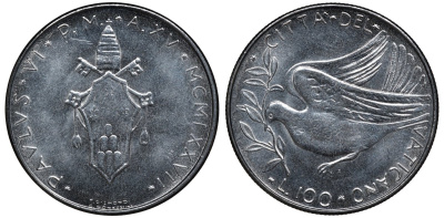 Ватикан 100 лир 1977 голубь, папа Павел VI (1963-1978) KM 122 нержавеющая сталь UNC 4579-652