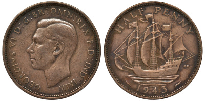 Великобритания 1/2 пенни 1943 Георг VI (1936-1952) KM 844, Spink 4115 бронза 4122-755