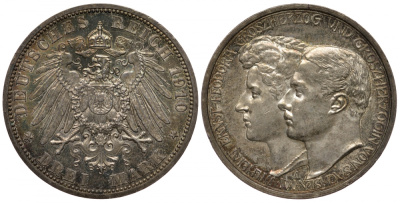 Саксен-Веймар-Эйзенах 3 марки 1910 A, на вторую свадьбу Вильгельма Эрнста и Феодоры Weege 158, J.162, KM 176 серебро UNC 00-812-61