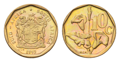 ЮАР 10 центов 1993 герб, цветок алоэ KM 135 сталь плакированная бронзой UNC 4694-663