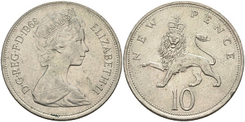 Великобритания 10 пенсов 1968 Елизавета II (1952-2022) KM 912, Spink 4231 (F1) медно-никель 4683-416