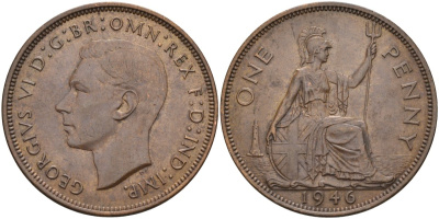 Великобритания 1 пенни 1946 Георг VI (1936-1952) KM 845, Spink 4114 бронза 4117-1233