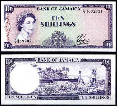Ямайка 10 шиллингов 1960 (1964) королева Елизавета II (1952-2022), банановая плантация Pick 51 Bb бумага UNC (пресс) 451-372-1