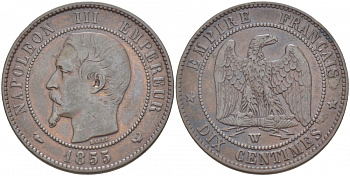 Франция 10 сантимов 1855 W, Наполеон III (1852-1870) KM 771.7, Le Franc 133.30 бронза 1515-324