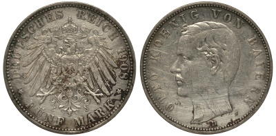 Бавария 5 марок 1908 Отто (1886-1913) Weege 47, J. 46, KM 512 серебро 3711-1541