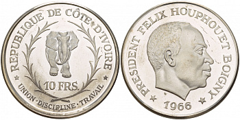 Берег слоновой кости 10 франков 1966 Президент Феликс Уфуэ-Буаньи, слон КМ 1 серебро PROOF 1081-4-63