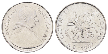 Ватикан 50 лир 1967 MCMLXVII, год-тип KM 97 нержавеющая сталь UNC 4700-633