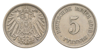 Германия 5 пфеннигов 1913 E, Вильгельм II (1888-1918) KM 11, J. 12 медно-никель 4640-148