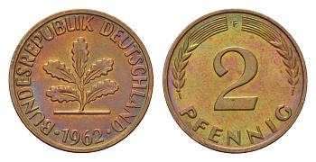 ФРГ 2 пфеннига 1962 F KM 106, J. 381 бронза 4682-1064