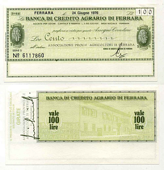 Италия чек на 100 лир 1976 Banca Di credito agrario Di ferrara, ассоциация фермеров провинции ferrara, серия D, 24 июня 1976 бумага UNC (пресс) 8588-13-4-1