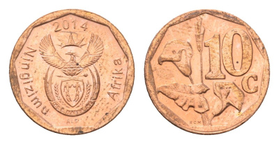 ЮАР 10 центов 2014 герб, цветок алоэ сталь плакированная бронзой UNC 4687-523