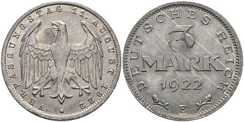 Германия 3 марки 1922 Е, третья годовщина Веймарской Конституции KM 29, J.303 алюминий UNC 4574-822
