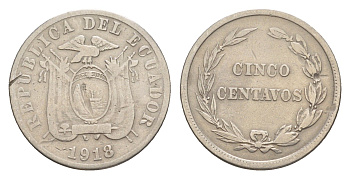 Эквадор 5 сентаво 1918 KM 60.2 медно-никель 4640-1065