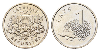 Латвия 1 лат 2012 Ежик KM 135 медно-никель UNC 4679-368