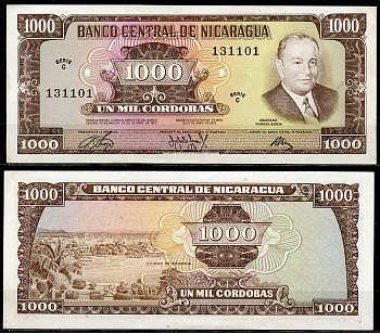 Никарагуа 1000 кордоба 1972 Анастасио Сомоса Гарсиа, Манагуа Pick 128 a  бумага  UNC (пресс) 451-432-2