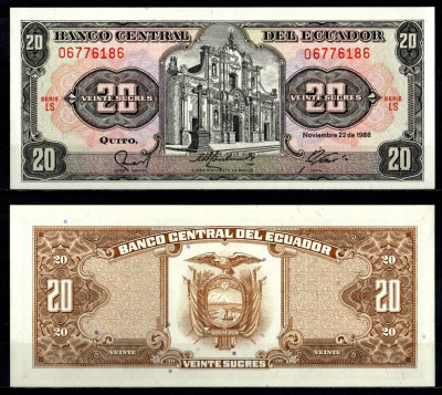 Эквадор 20 сукре 1988 Pick 121 Aa 1988 (3) бумага UNC (пресс) 7191-60-1-2